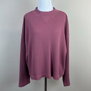 Gap Oversized Waffle Knit Mock Neck Top T-Shirt Womens Large Berry Slouchy Boxy‎